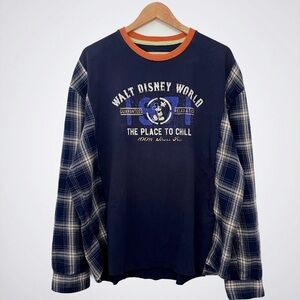 Walt Disney World Mickey Mouse Vintage Graphic Tee Plaid Flannel Long Sleeve Top